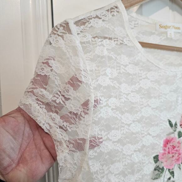 Sugar Moon Y2K Lace Blouse Women Size XL White Roses Sheer Fairy Romantic Retro - Picture 4 of 9